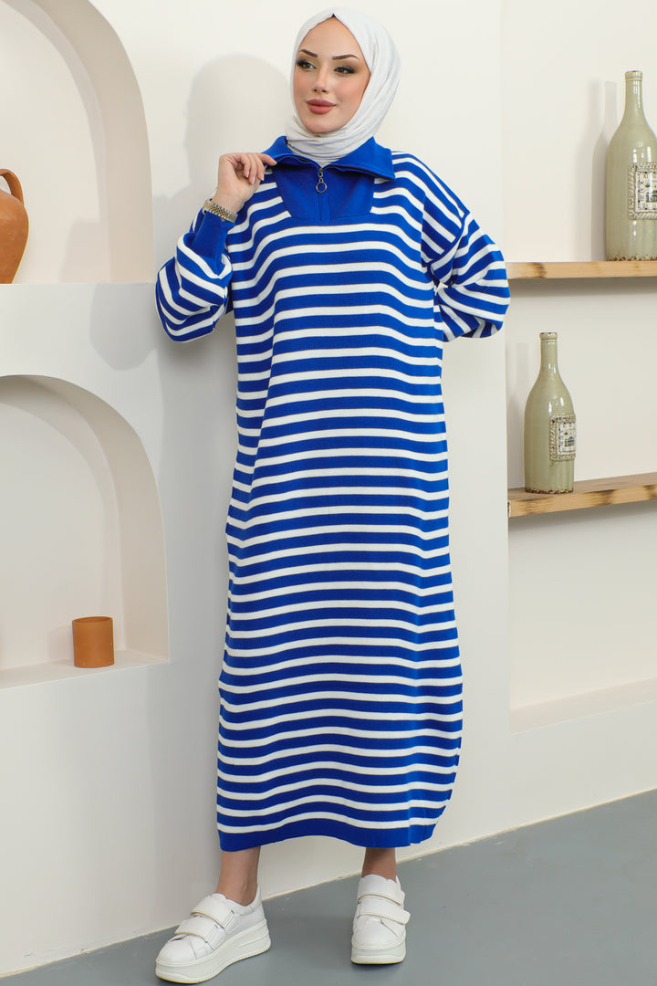 BNG Women Striped Sweater Dress with Zipper Collar Sax Blue - Clermont