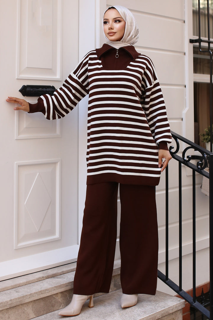 BNG Women -03 Collar Zip Striped Knitwear Set Brown - Clermont