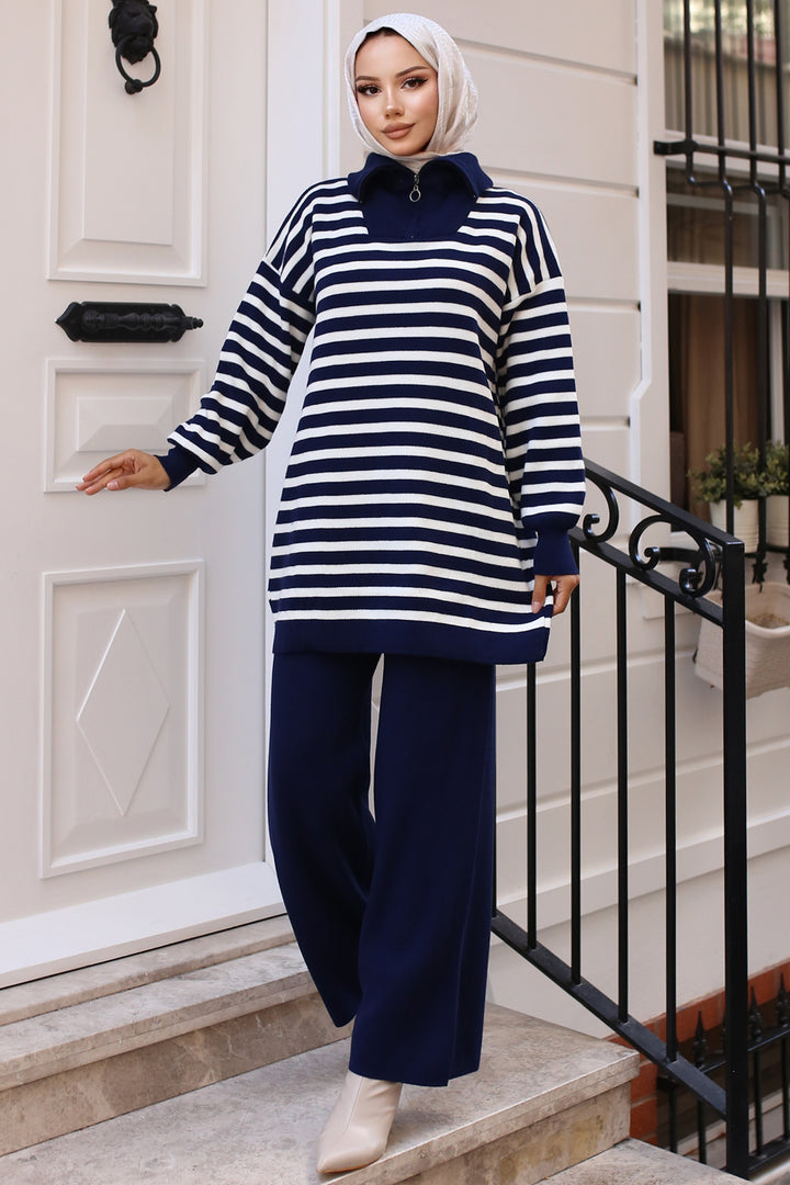BNG Women -03 Collar Zip Striped Knitwear Set Navy - Clermont