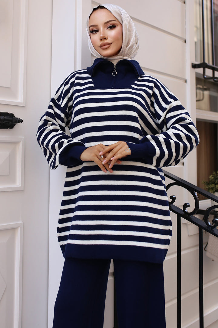 BNG Women -03 Collar Zip Striped Knitwear Set Navy - Clermont