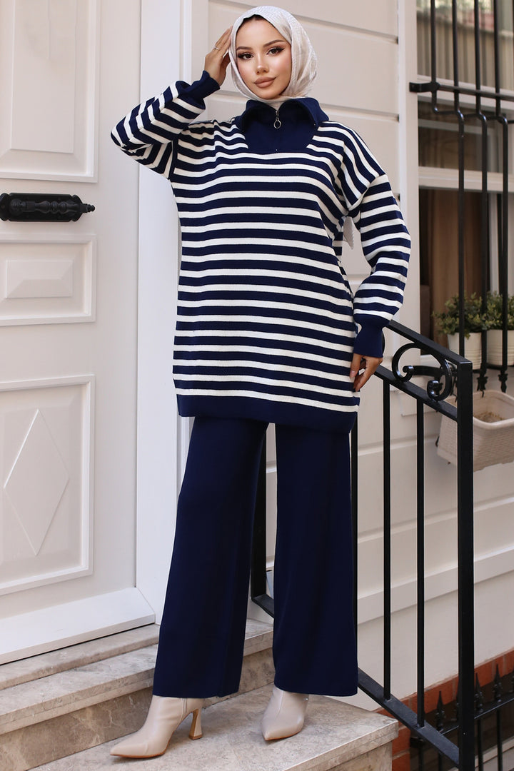 BNG Women -03 Collar Zip Striped Knitwear Set Navy - Clermont