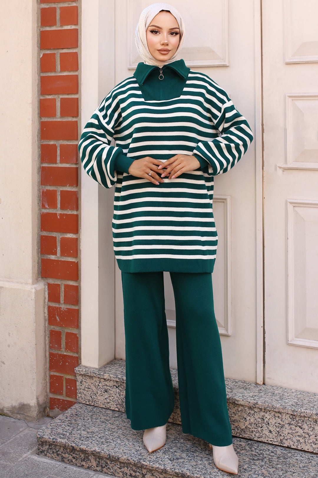 BNG Women -03 Collar Zippered Striped Knitwear Set Emerald Green - Clermont