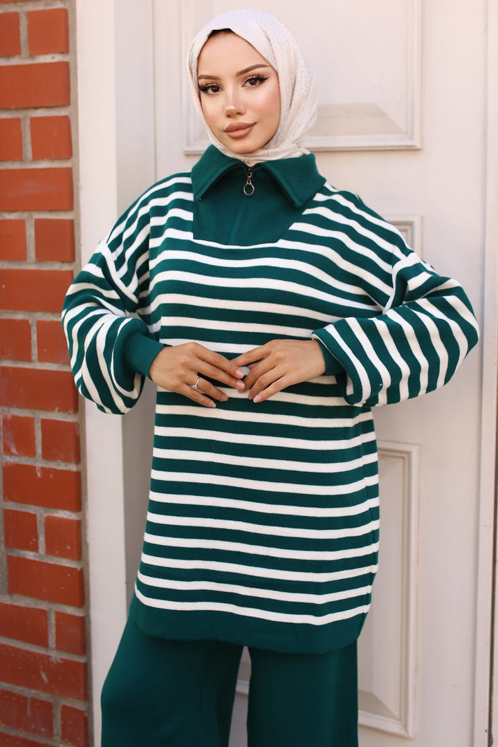 BNG Women -03 Collar Zippered Striped Knitwear Set Emerald Green - Clermont