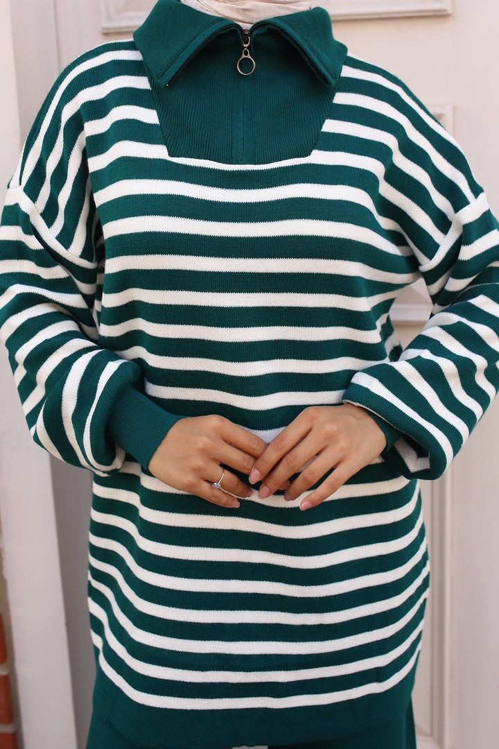 BNG Women -03 Collar Zippered Striped Knitwear Set Emerald Green - Clermont