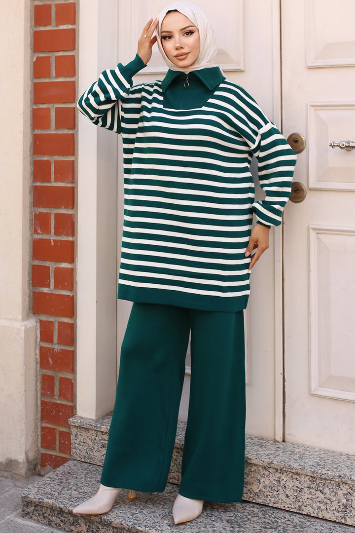 BNG Women -03 Collar Zippered Striped Knitwear Set Emerald Green - Clermont