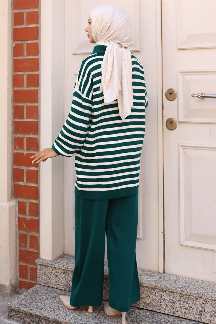 BNG Women -03 Collar Zippered Striped Knitwear Set Emerald Green - Clermont