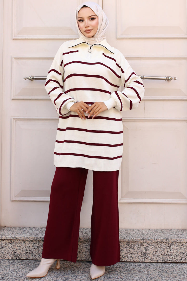 BNG Women -02 Collar Zippered Striped Knitwear Set Bordeaux - Clermont