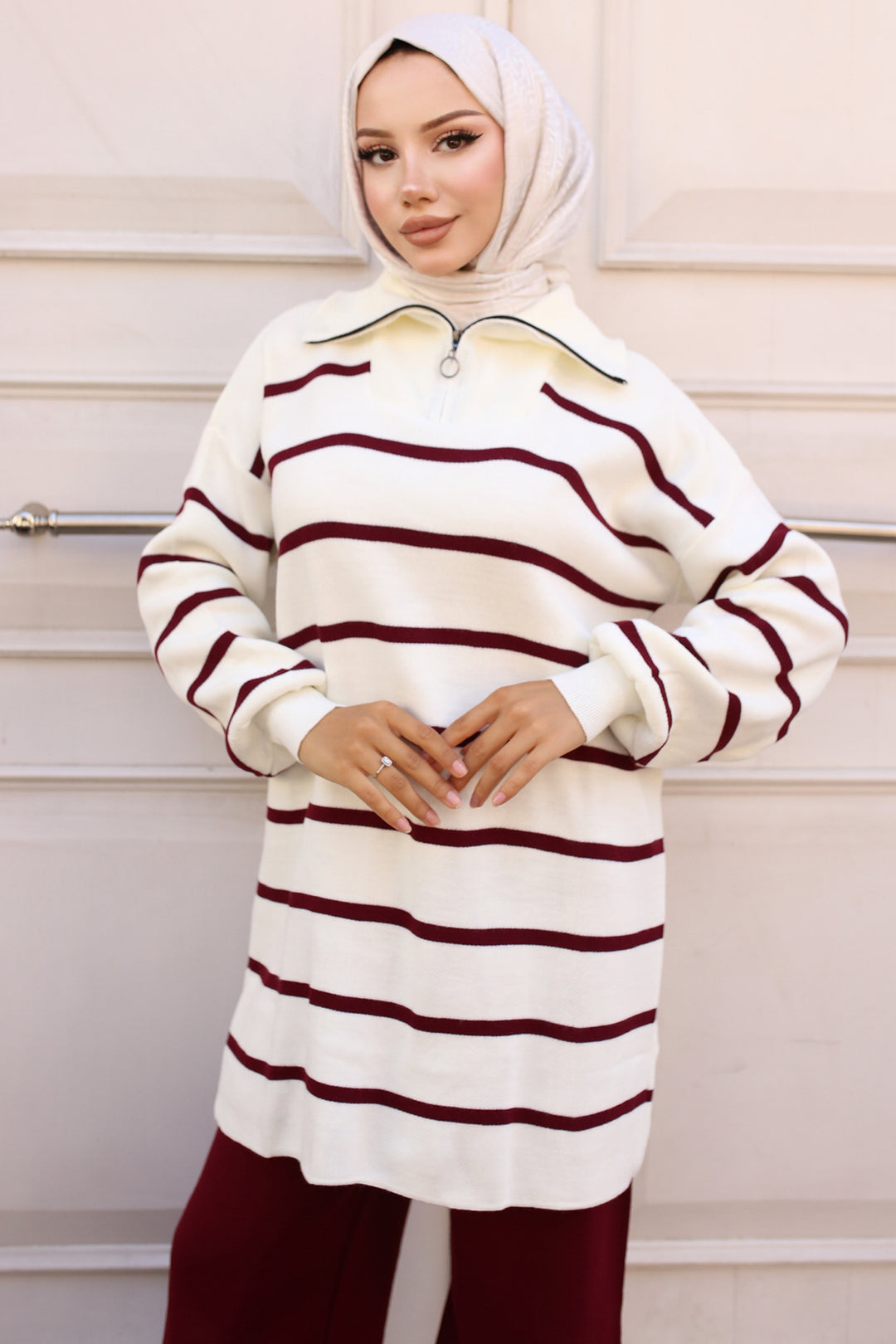 BNG Women -02 Collar Zippered Striped Knitwear Set Bordeaux - Clermont