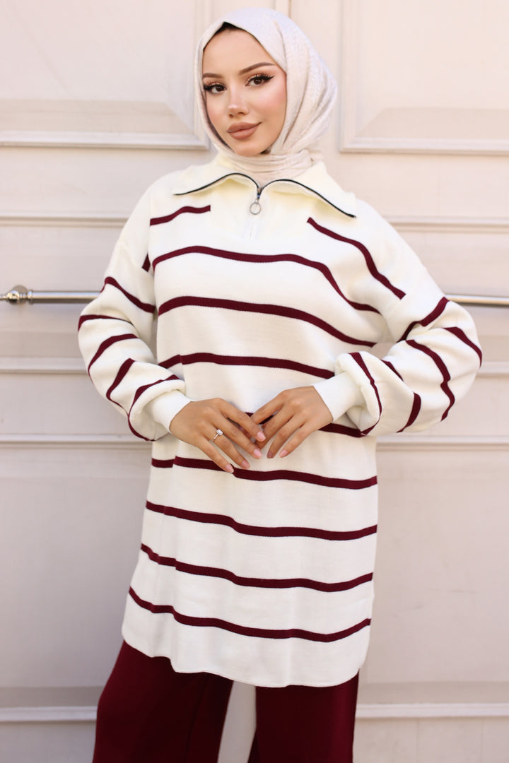 BNG Women -02 Collar Zippered Striped Knitwear Set Bordeaux - Clermont