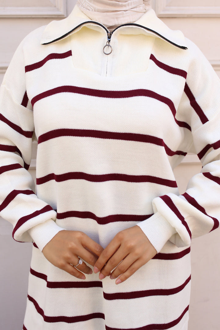BNG Women -02 Collar Zippered Striped Knitwear Set Bordeaux - Clermont