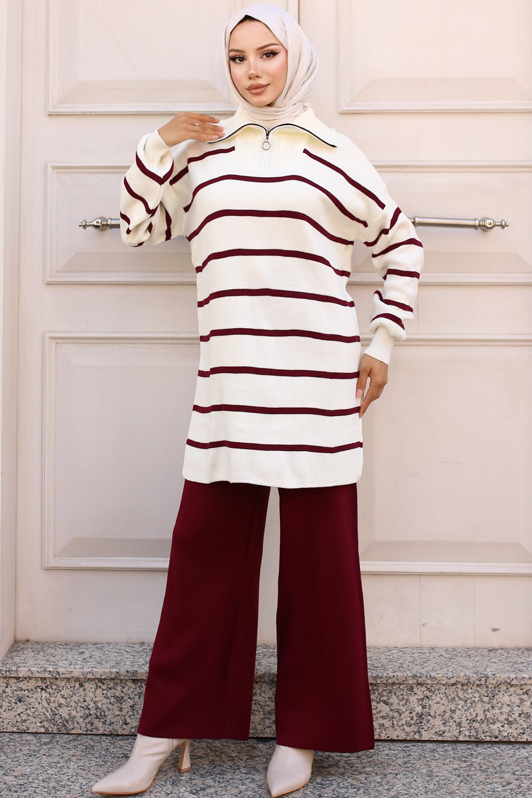 BNG Women -02 Collar Zippered Striped Knitwear Set Bordeaux - Clermont