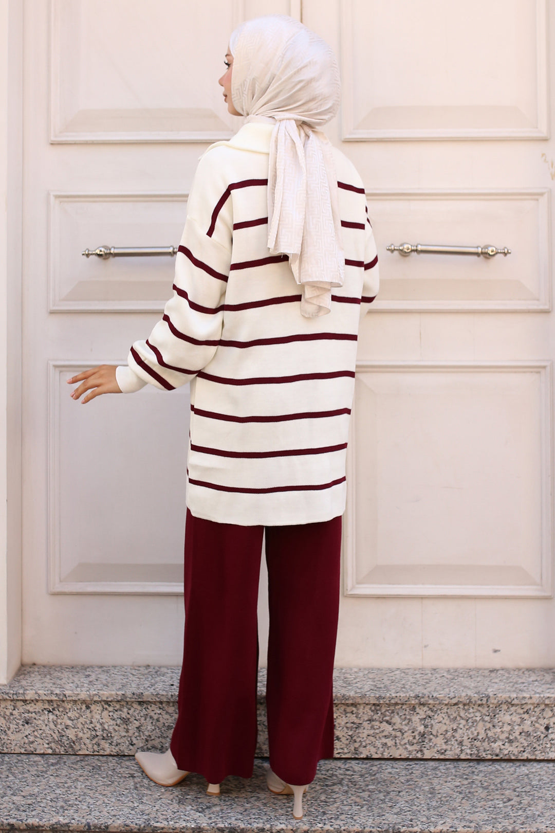 BNG Women -02 Collar Zippered Striped Knitwear Set Bordeaux - Clermont