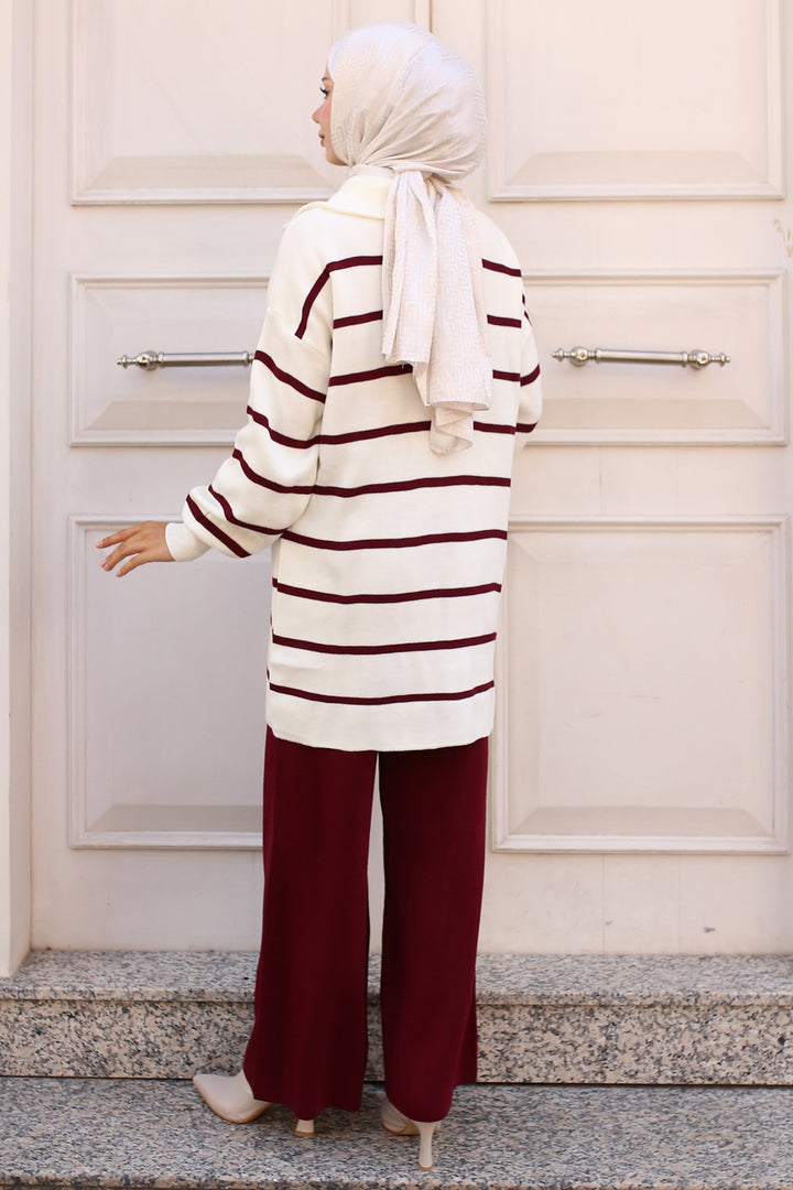 BNG Women -02 Collar Zippered Striped Knitwear Set Bordeaux - Clermont