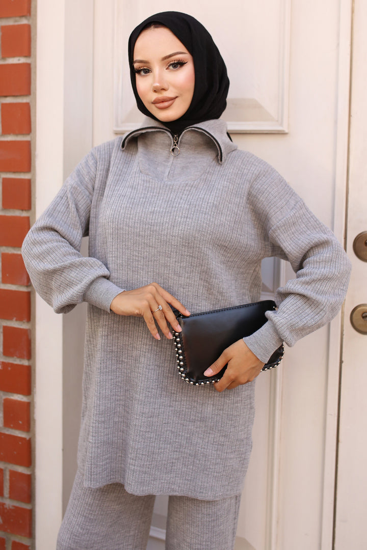 BNG بدلة نسائية -35 طوق مضلع بسحاب رمادي - كليرمونت