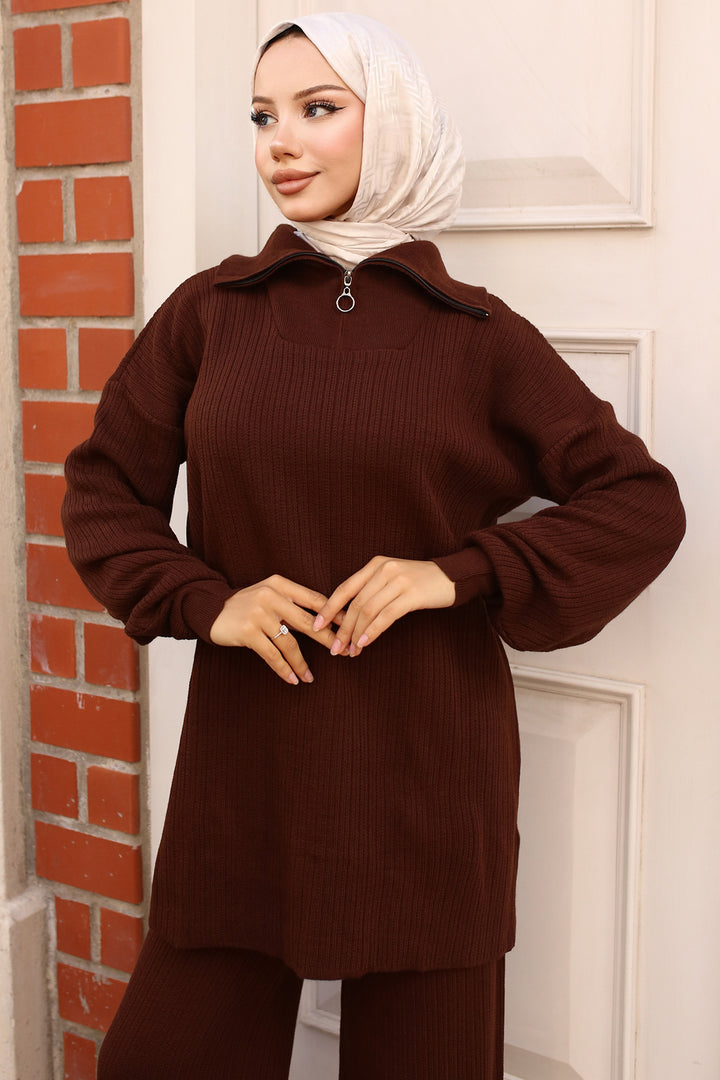 BNG بدلة نسائية بنية مضلعة مع سحاب على الرقبة -35 - كليرمونت