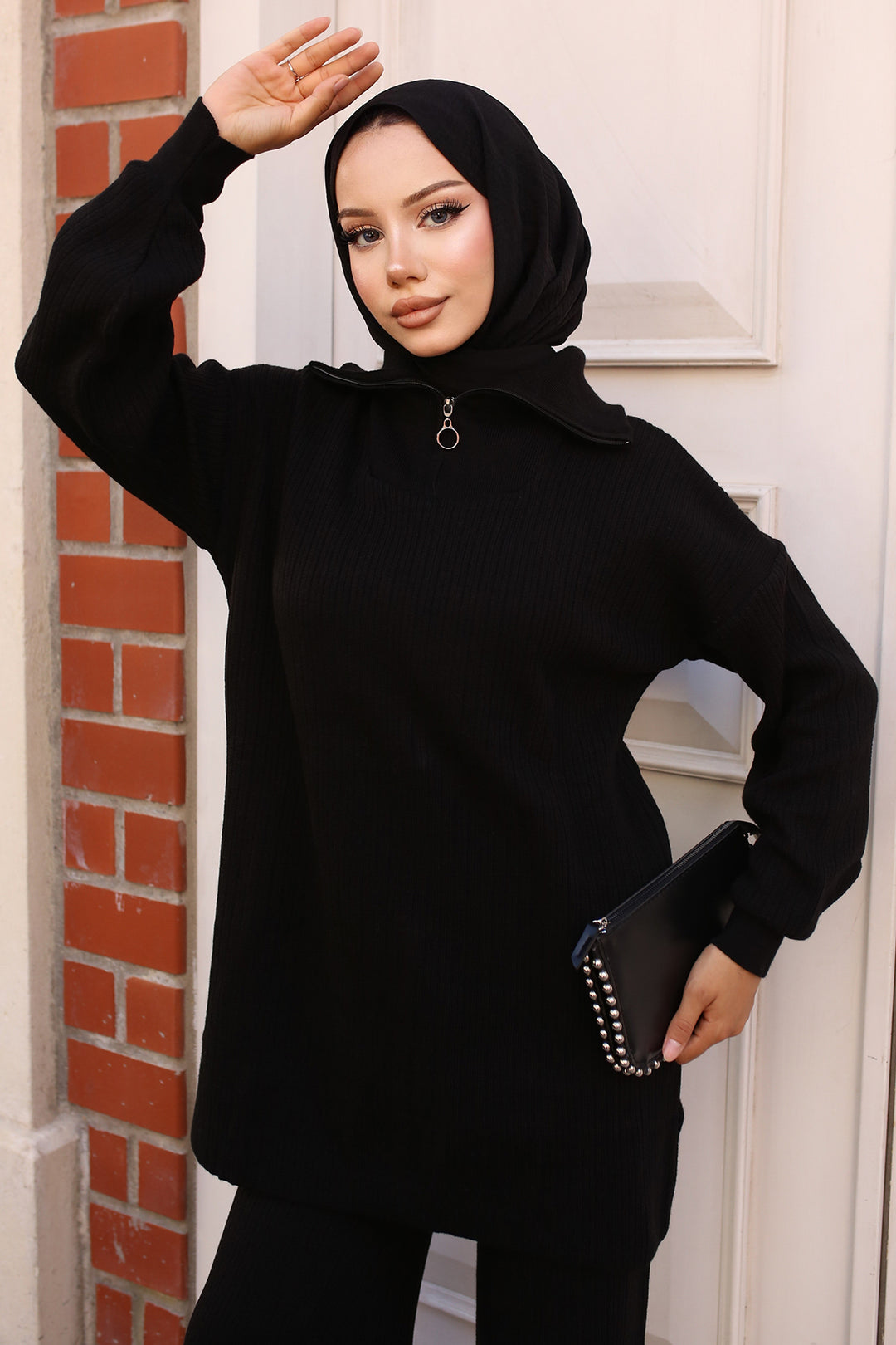 BNG مجموعة ملابس تريكو مضلعة بسحاب وياقة 35 لون أسود - كليرمونت