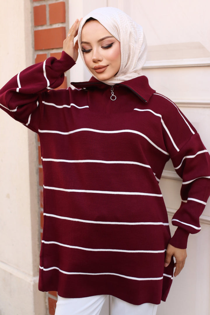 BNG تونيك نسائي -30 طوق بسحاب مخطط، بورجوندي - كليرمون
