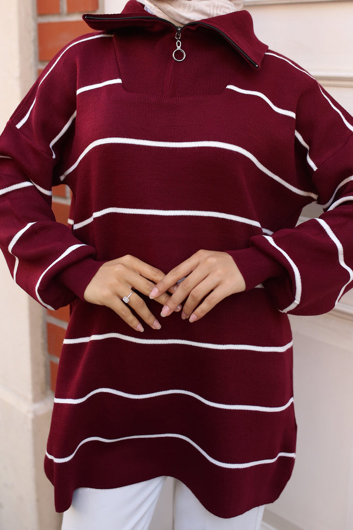 BNG تونيك نسائي -30 طوق بسحاب مخطط، بورجوندي - كليرمون