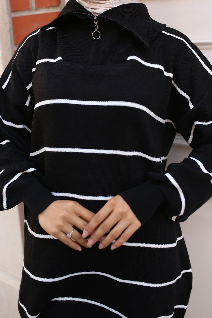 BNG تونيك نسائي -30 طوق بسحاب مخطط باللون الأسود - كليرمونت