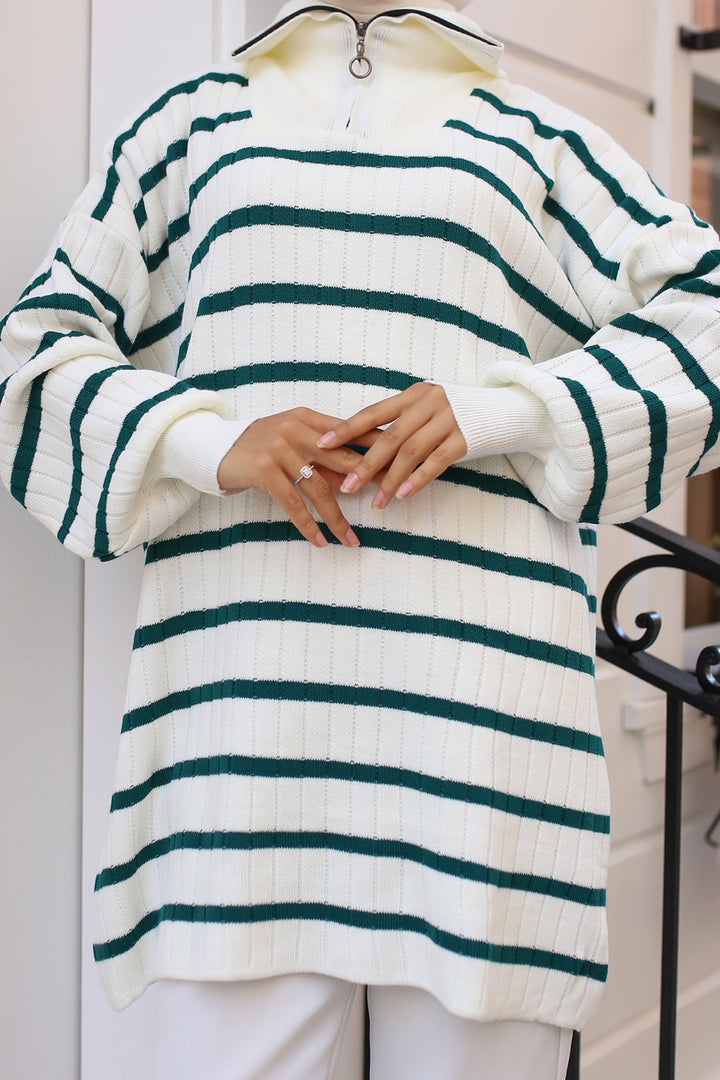BNG تونيك نسائي -32 طوق بسحاب ومخطط ومتماسك أخضر زمردي - كليرمونت
