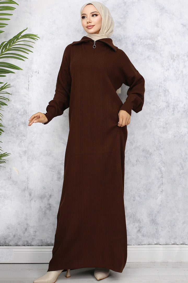 BNG Women -09 Collar Zippered Ribbed Knit Dress Brown - Boston