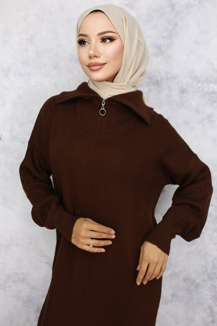 BNG Women -09 Collar Zippered Ribbed Knit Dress Brown - Boston