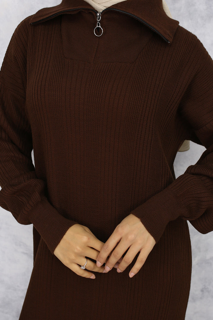 BNG Women -09 Collar Zippered Ribbed Knit Dress Brown - Boston