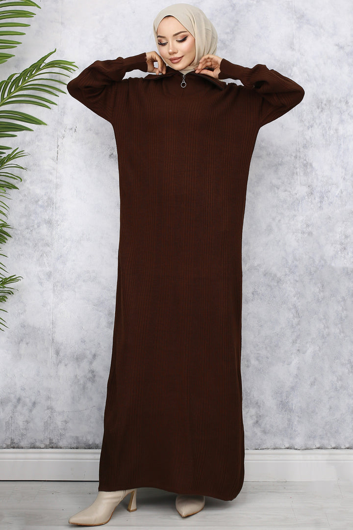 BNG Women -09 Collar Zippered Ribbed Knit Dress Brown - Boston