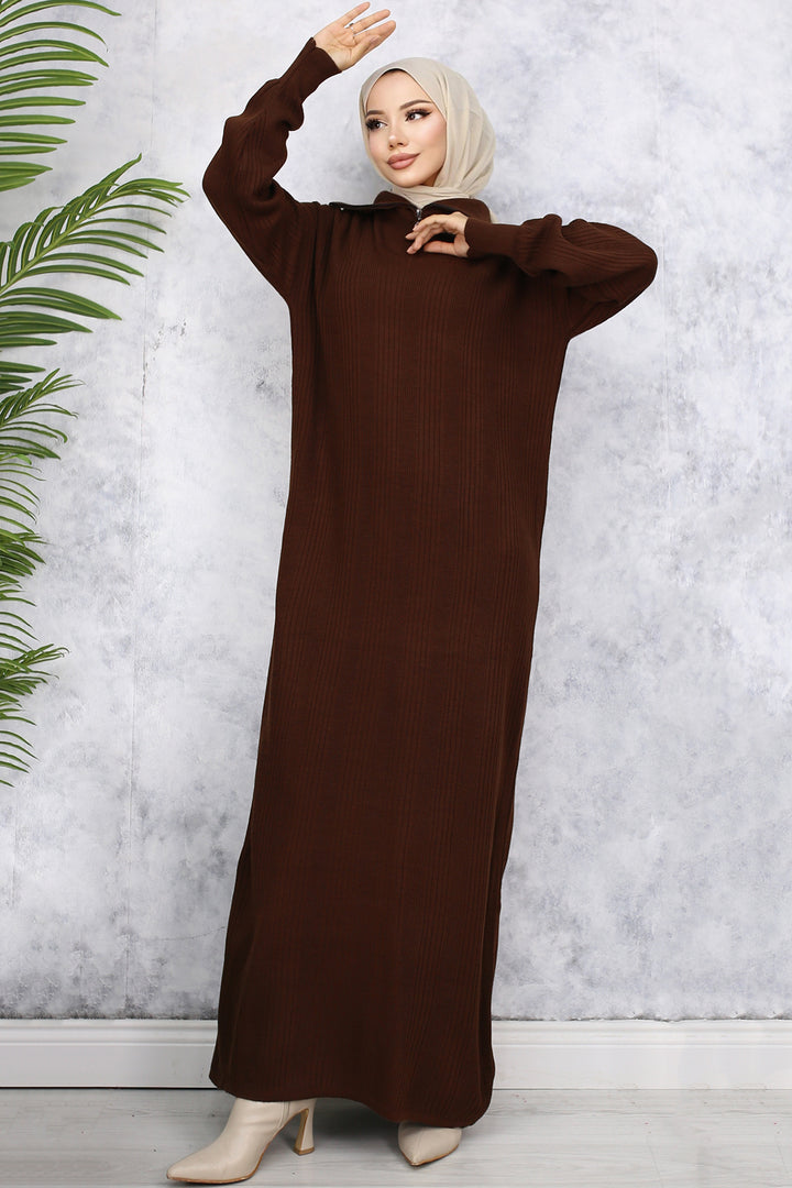 BNG Women -09 Collar Zippered Ribbed Knit Dress Brown - Boston