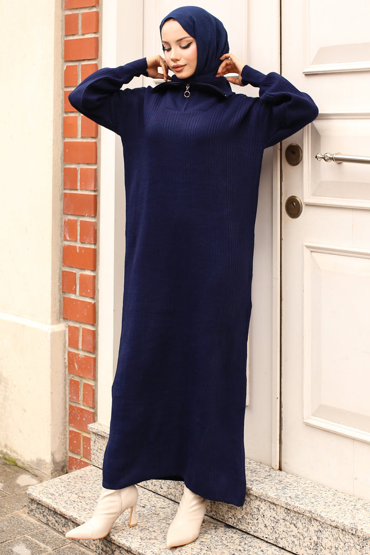 BNG Women -09 Collar Zippered Ribbed Knit Dress Navy - Pleasant Hill