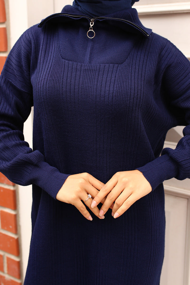 BNG Women -09 Collar Zippered Ribbed Knit Dress Navy - Pleasant Hill
