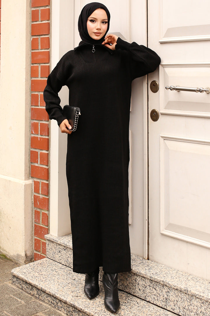 BNG Women -09 Collar Zippered Ribbed Knit Dress Black - Scandicci