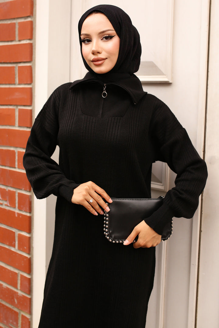 BNG Women -09 Collar Zippered Ribbed Knit Dress Black - Scandicci