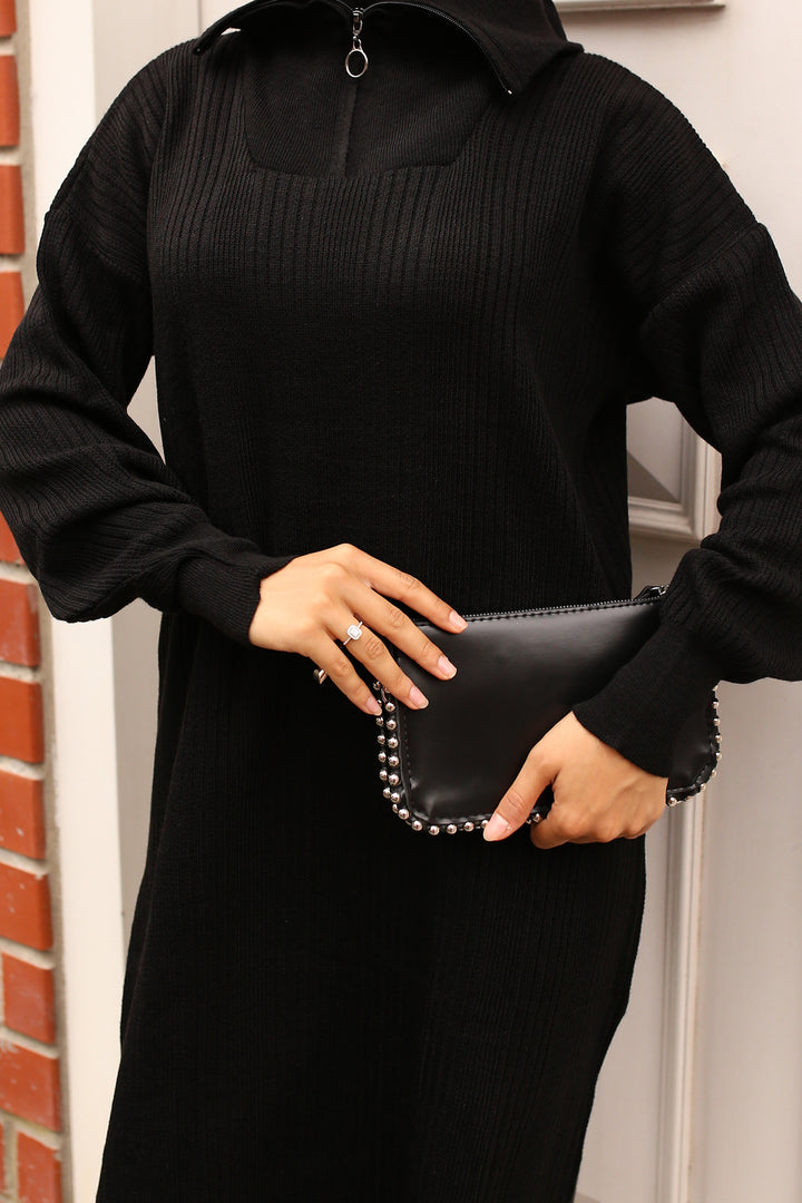 BNG Women -09 Collar Zippered Ribbed Knit Dress Black - Scandicci