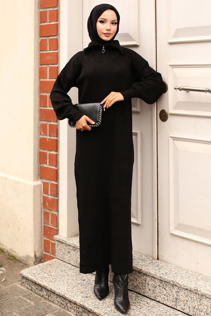BNG Women -09 Collar Zippered Ribbed Knit Dress Black - Scandicci