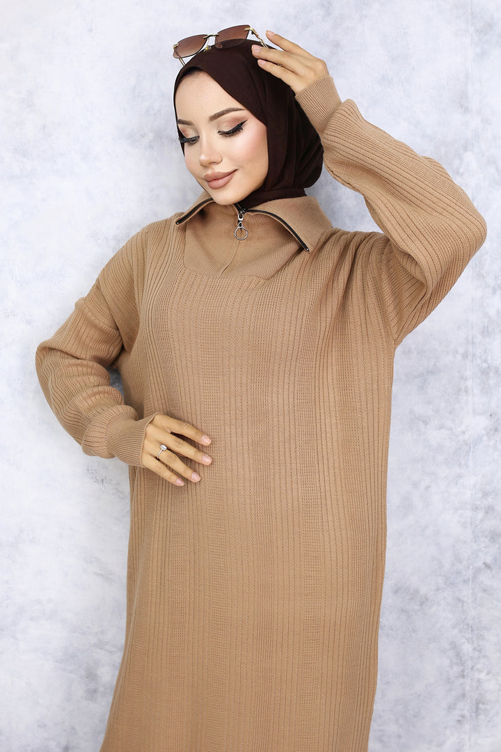 BNG Women -09 Collar Zippered Ribbed Knit Dress Mink - Carrollwood
