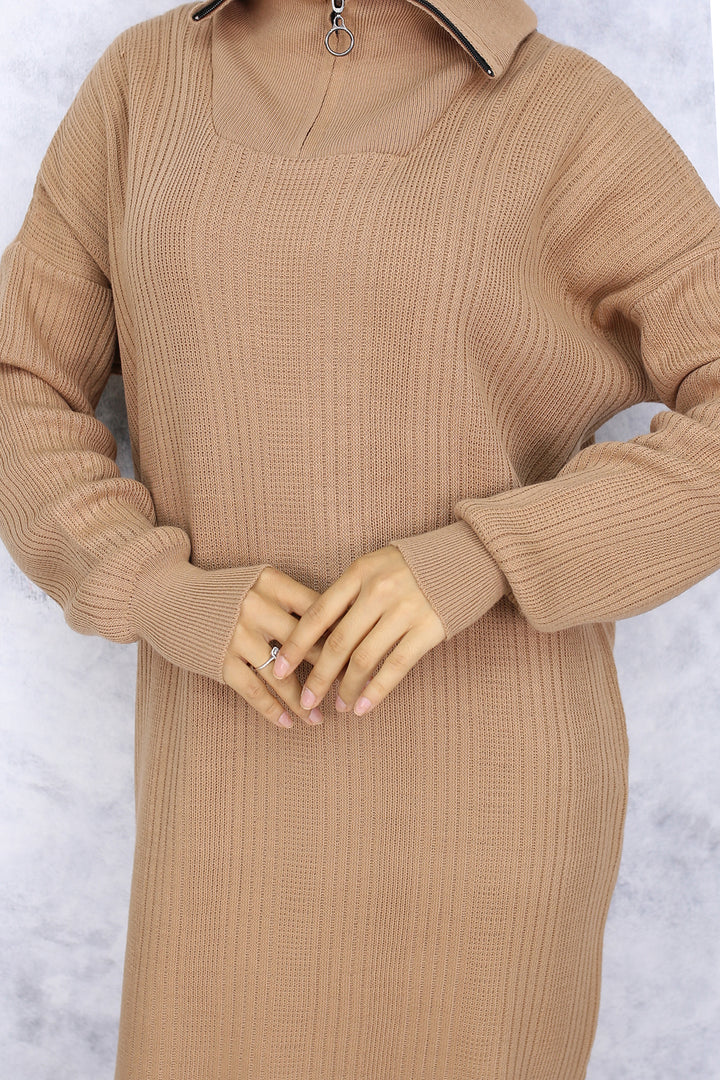 BNG Women -09 Collar Zippered Ribbed Knit Dress Mink - Carrollwood