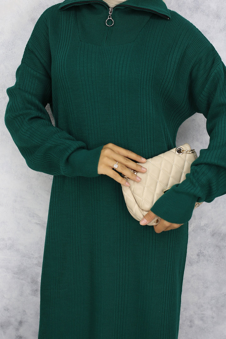 BNG Women -09 Collar Zippered Ribbed Knit Dress Emerald Green - Langford Station