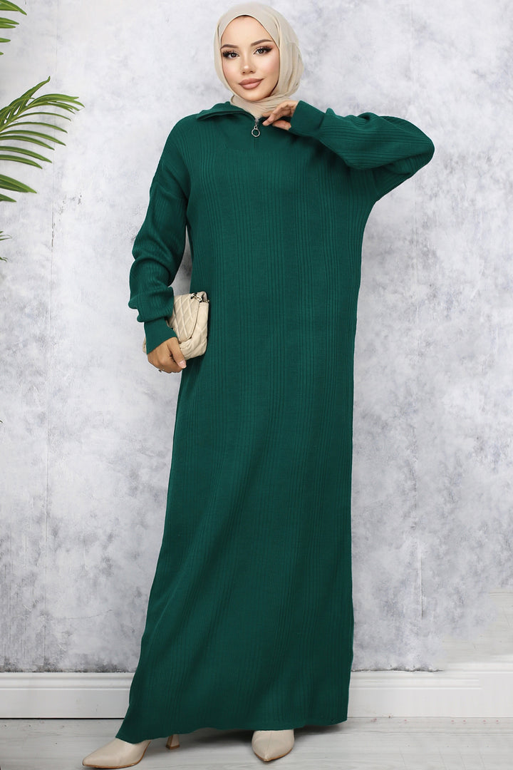 BNG Women -09 Collar Zippered Ribbed Knit Dress Emerald Green - Langford Station
