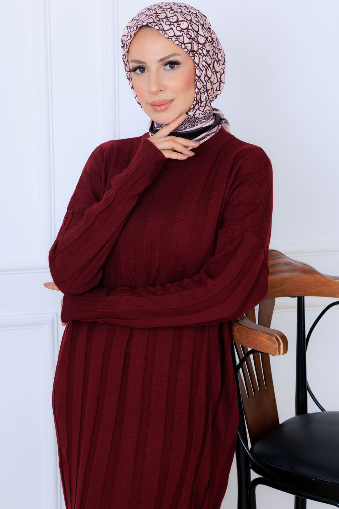 BNG Women Kendinden Çizgili Triko Elbise K3021 Bordo - Varese