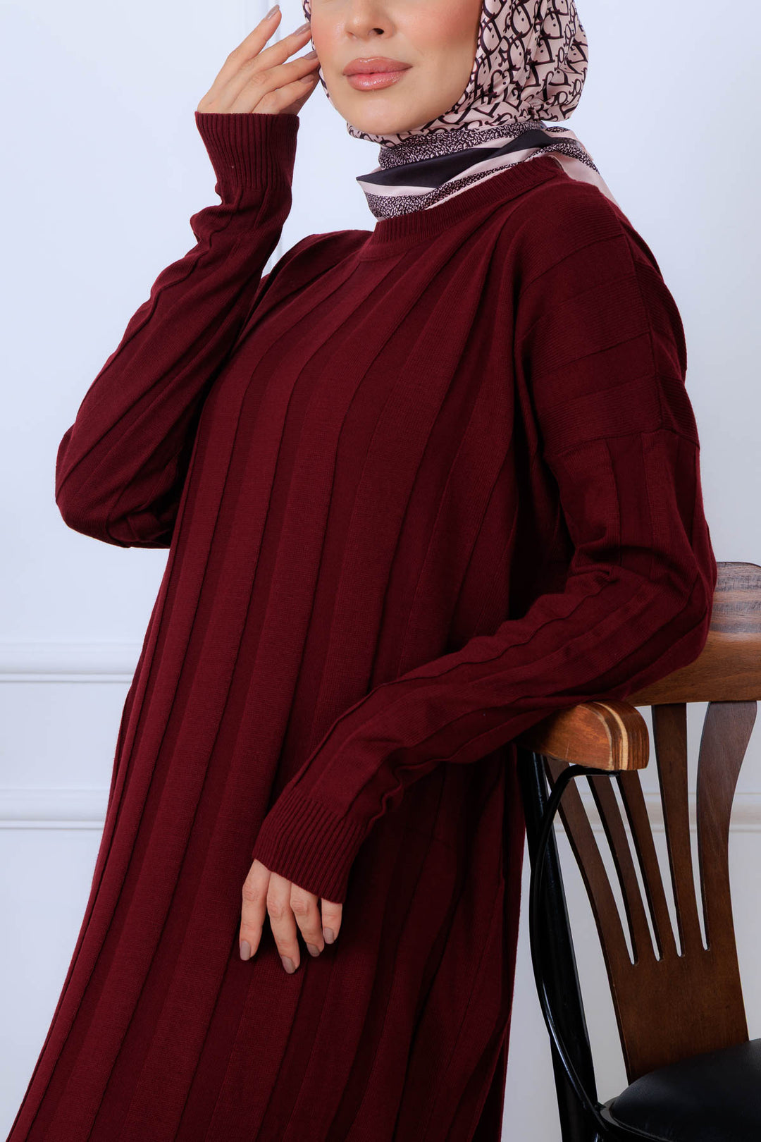 BNG Women Kendinden Çizgili Triko Elbise K3021 Bordo - Varese