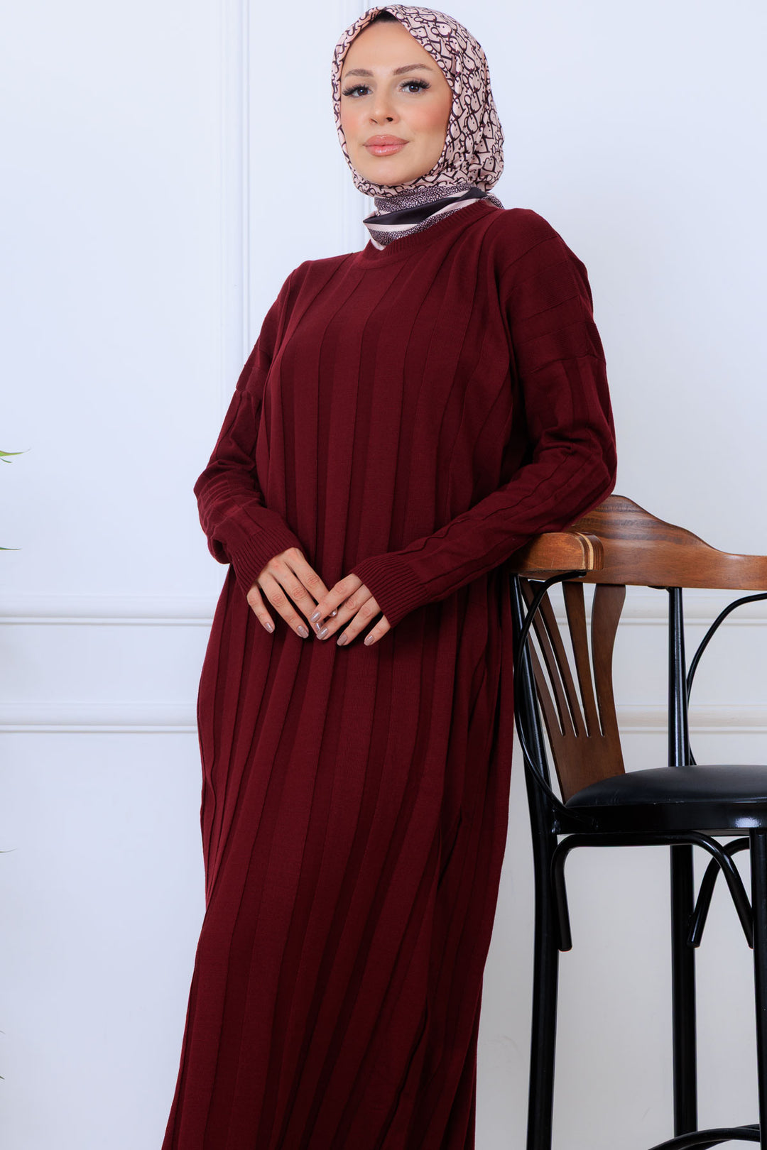 BNG Women Kendinden Çizgili Triko Elbise K3021 Bordo - Varese