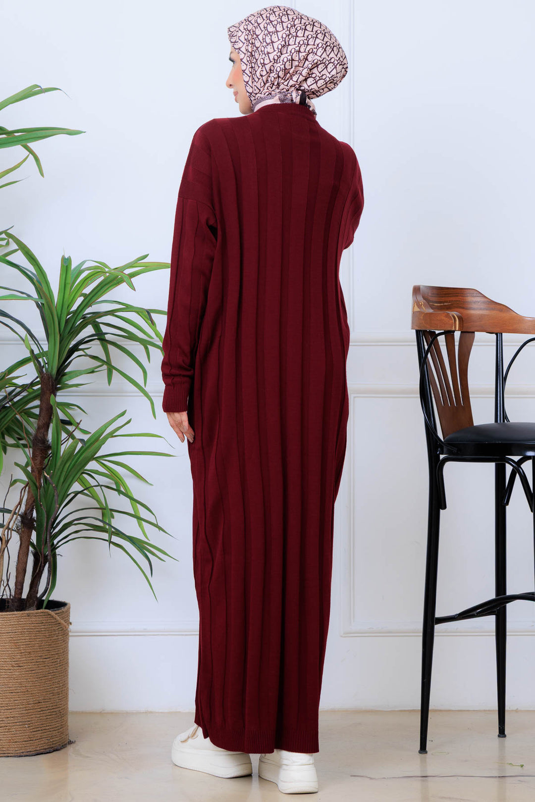 BNG Women Kendinden Çizgili Triko Elbise K3021 Bordo - Varese