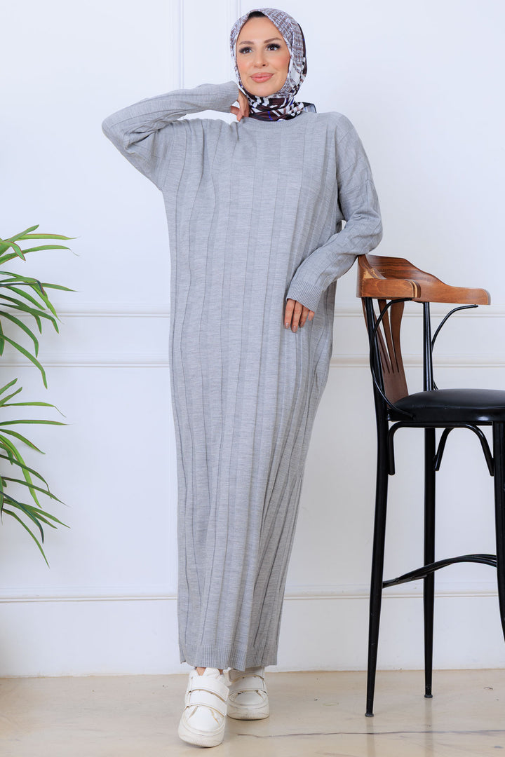 BNG Women Kendinden Çizgili Triko Elbise K3021 Gri - Recklinghausen