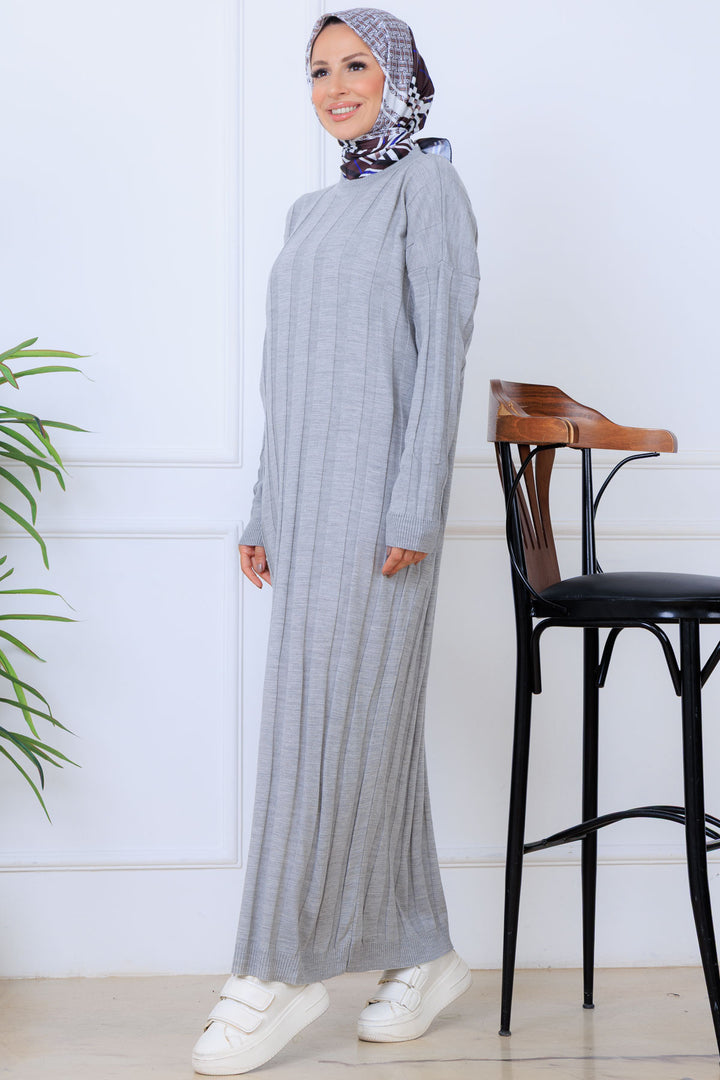 BNG Women Kendinden Çizgili Triko Elbise K3021 Gri - Recklinghausen