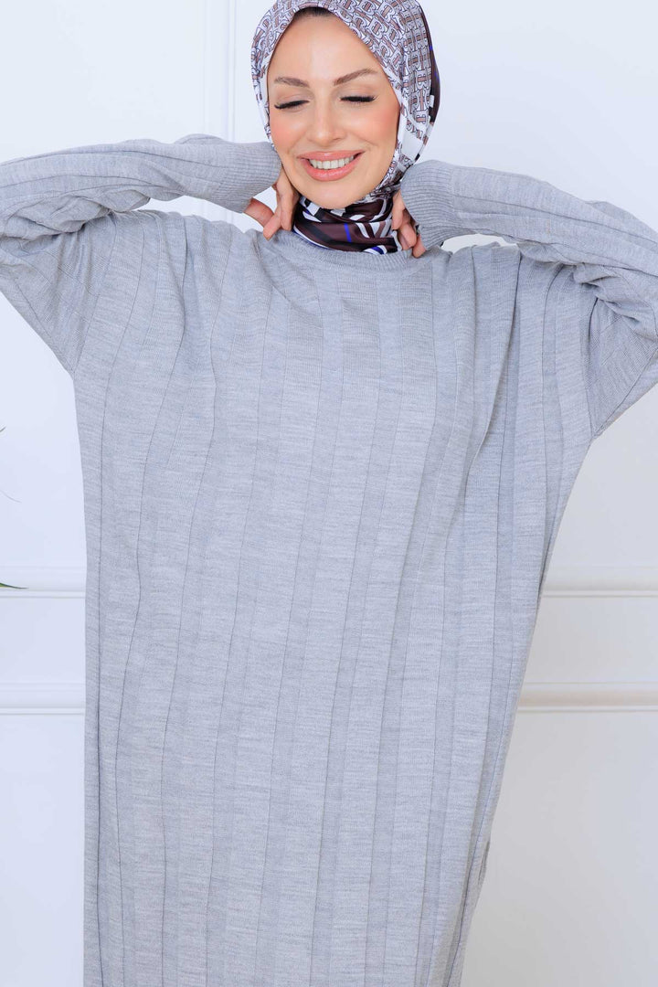 BNG Women Kendinden Çizgili Triko Elbise K3021 Gri - Recklinghausen