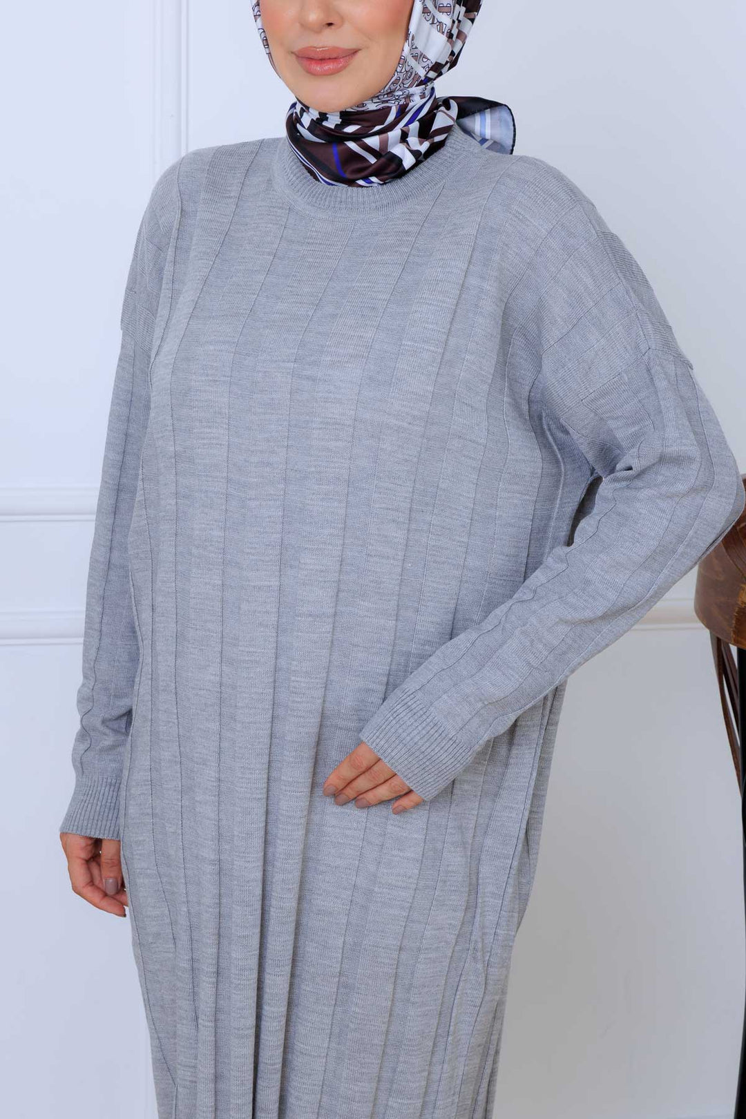 BNG Women Kendinden Çizgili Triko Elbise K3021 Gri - Recklinghausen