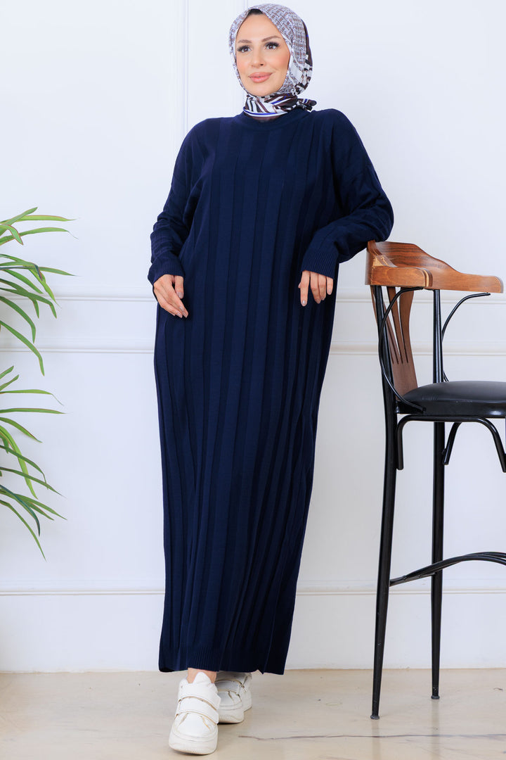 BNG Women Kendinden Çizgili Triko Elbise K3021 Lacivert - Foggia