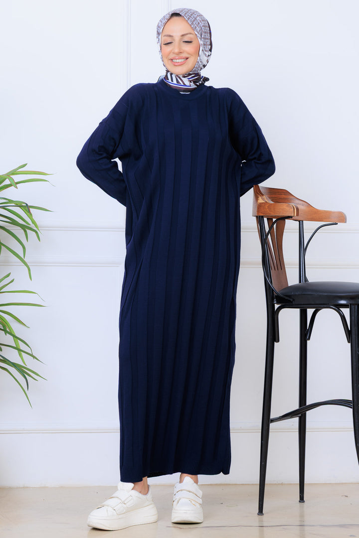 BNG Women Kendinden Çizgili Triko Elbise K3021 Lacivert - Foggia