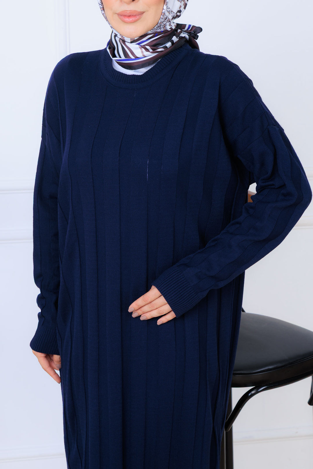 BNG Women Kendinden Çizgili Triko Elbise K3021 Lacivert - Foggia